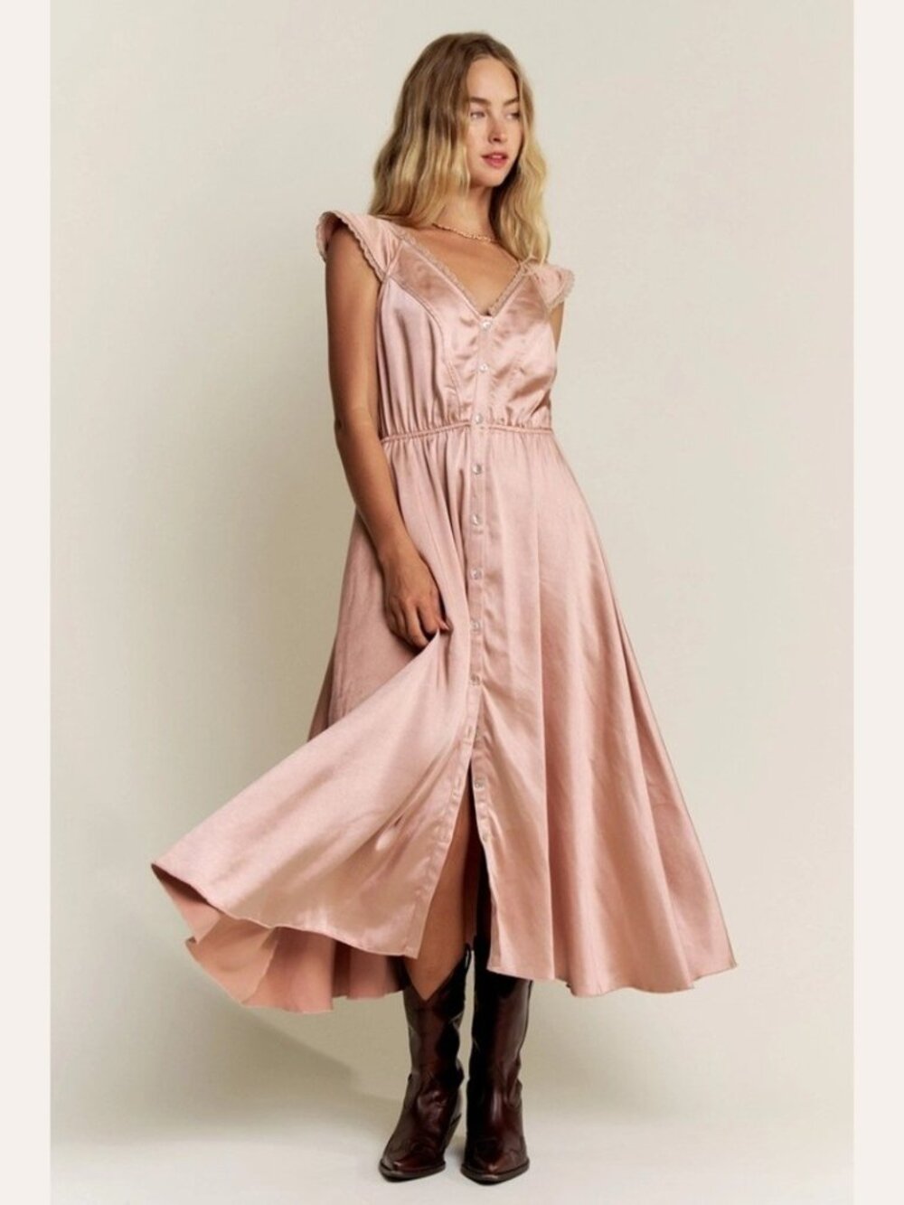 Lara Lace Trim Button Down Silky Midi Dress S-L